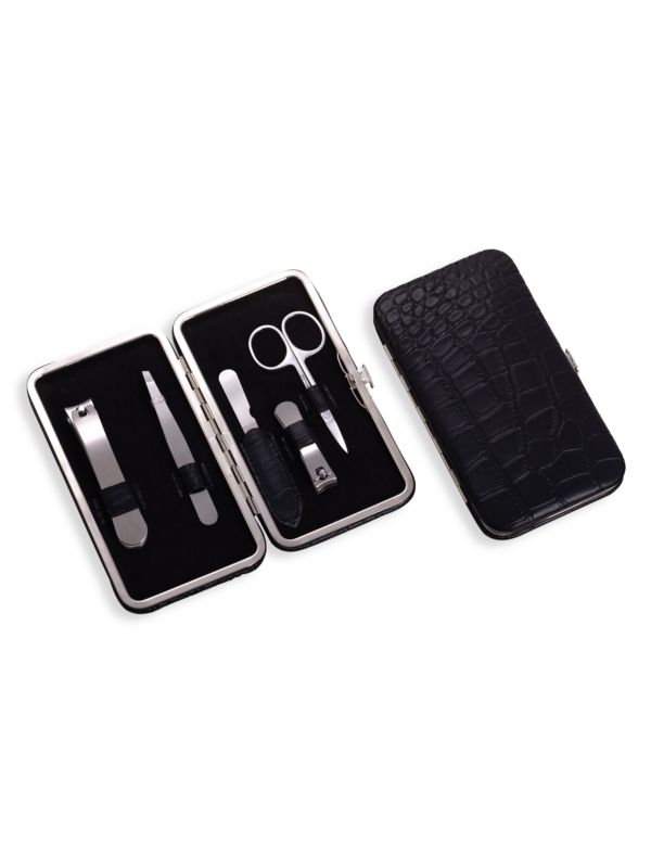 Bey-Berk 5-Piece Manicure Set With Croc-Embossed Leather Case